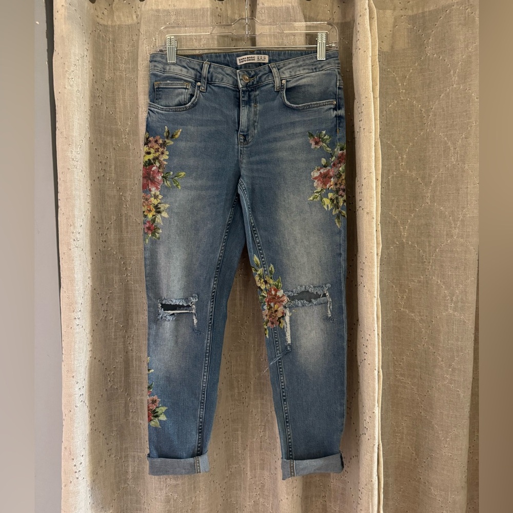 Zara Boho Floral Ankle Jeans, Size 6, NWOT